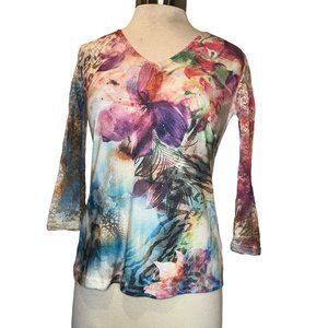 Draper & Damon's Women Petite Small Top Floral Pink and Purple 3/4 Sleeve Silver